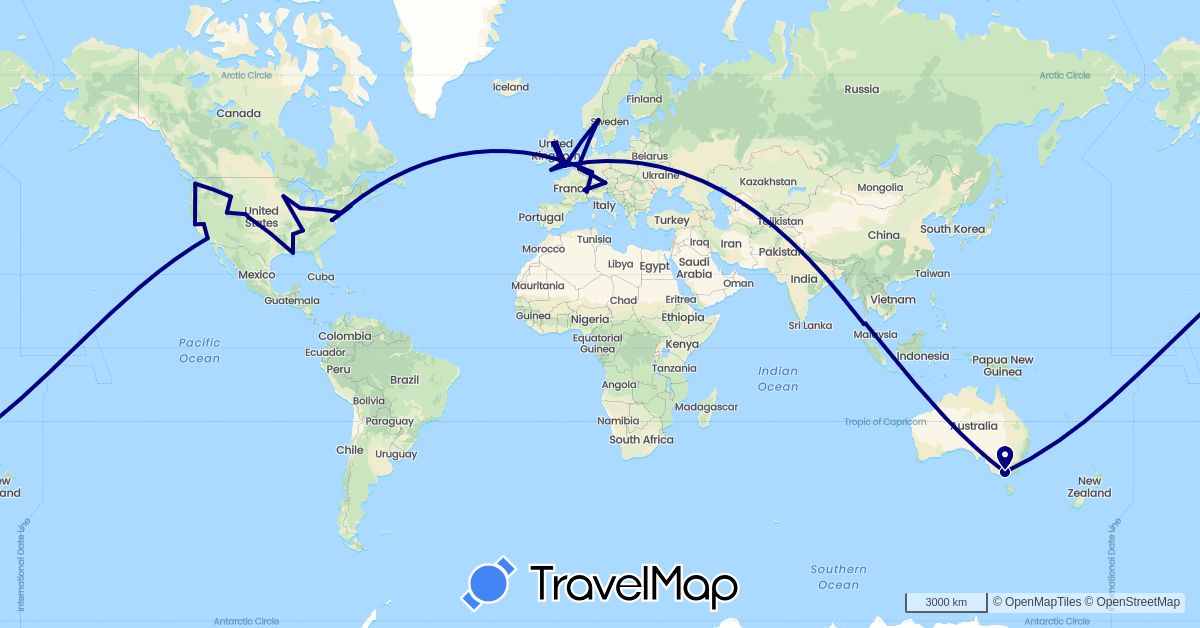 TravelMap itinerary: driving in Austria, Australia, Belgium, Switzerland, Germany, France, United Kingdom, Italy, Netherlands, Norway, Thailand, United States (Asia, Europe, North America, Oceania)